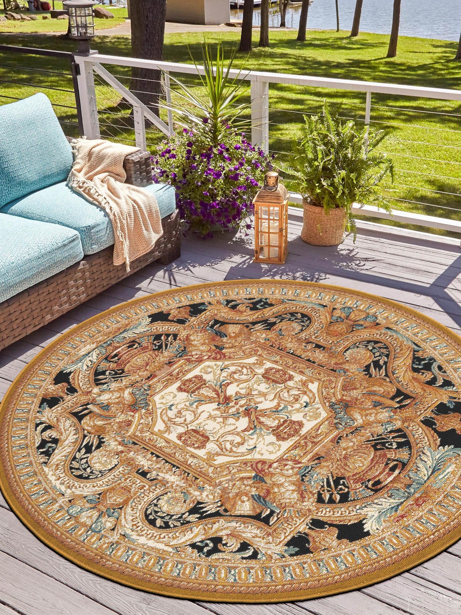 Black Gold Brown 7' 10 x 7' 10 Outdoor Traditional Round Area Rug Weather Resistant for Patio, Deck, Terrace, Balcony, Porch Classical Design Outside Carpet for Sale at Rug Engine