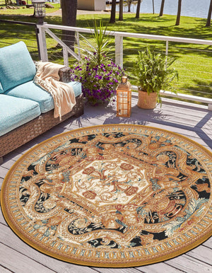 Black Gold Brown 7' 10 x 7' 10 Outdoor Traditional Round Area Rug Weather Resistant for Patio, Deck, Terrace, Balcony, Porch Classical Design Outside Carpet for Sale at Rug Engine