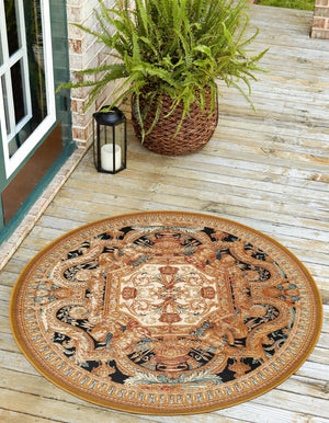 Black Gold Brown 10' x 10' Outdoor Traditional Round Area Rug Weather Resistant for Patio, Deck, Terrace, Balcony, Porch Classical Design Outside Carpet for Sale at Rug Engine