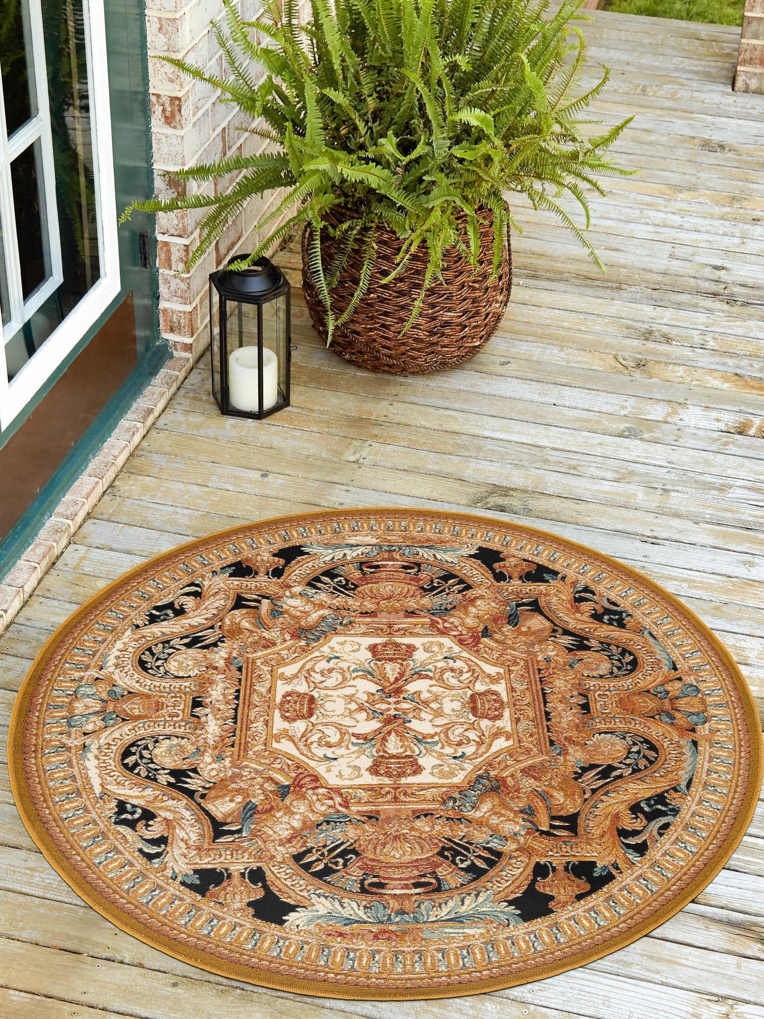 Black Gold Brown 4' 1 x 4' 1 Outdoor Traditional Round Area Rug Weather Resistant for Patio, Deck, Terrace, Balcony, Porch Classical Design Outside Carpet for Sale at Rug Engine