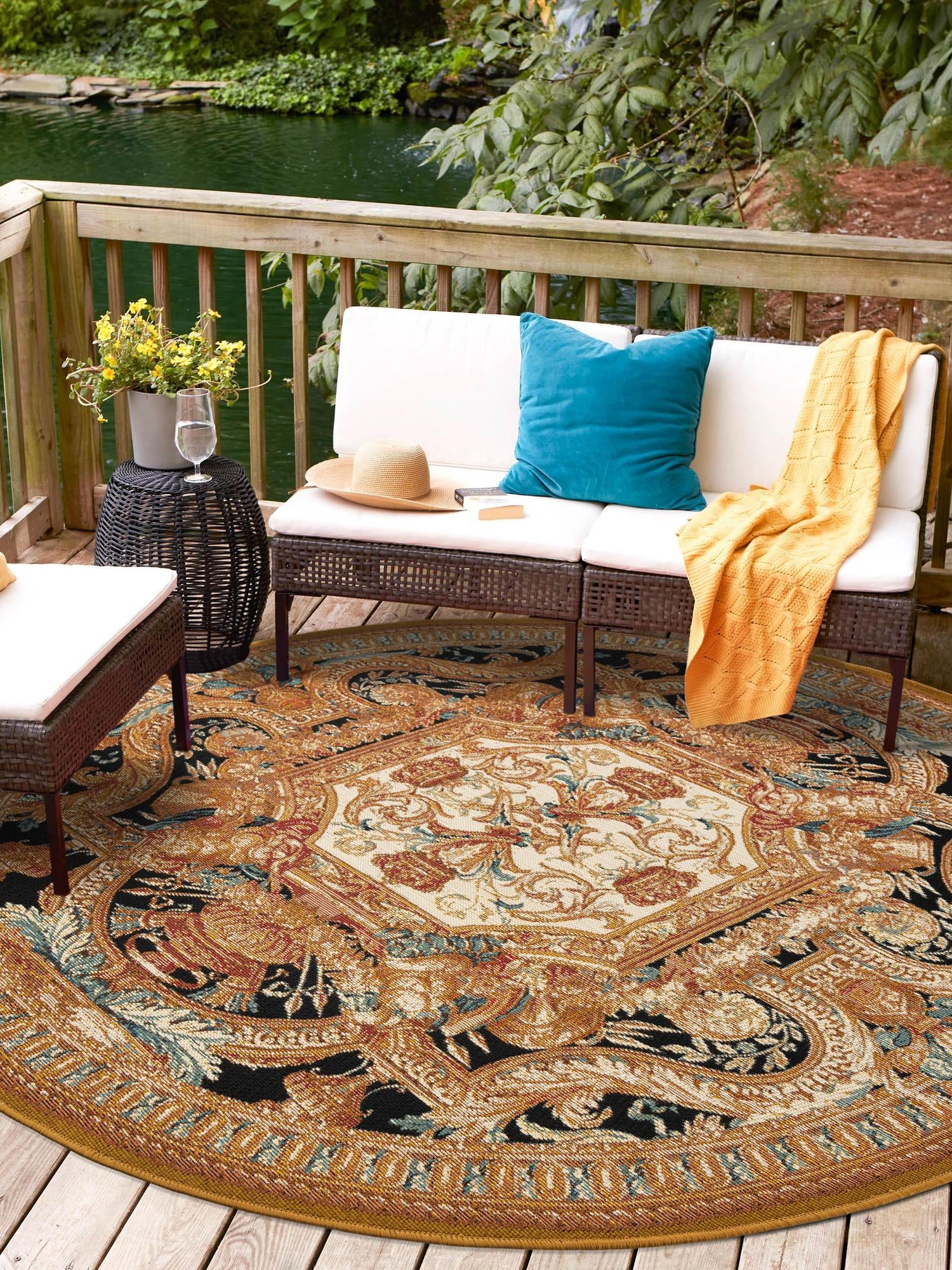 Black Gold Brown 5' 3 x 5' 3 Outdoor Traditional Round Area Rug Weather Resistant for Patio, Deck, Terrace, Balcony, Porch Classical Design Outside Carpet for Sale at Rug Engine