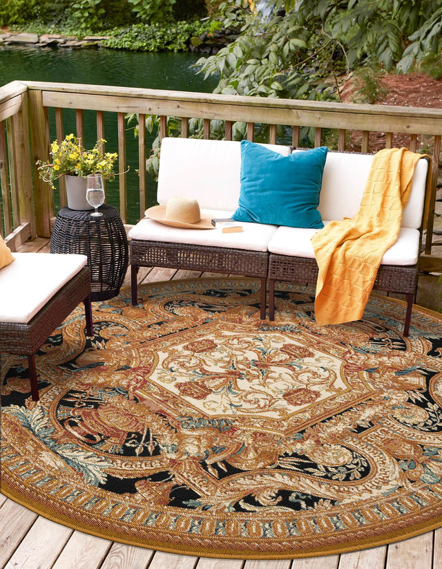 Black Gold Brown 5' 3 x 5' 3 Outdoor Traditional Round Area Rug Weather Resistant for Patio, Deck, Terrace, Balcony, Porch Classical Design Outside Carpet for Sale at Rug Engine