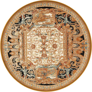 Black Gold Brown 7' 10 x 7' 10 Outdoor Traditional Round Area Rug Weather Resistant for Patio, Deck, Terrace, Balcony, Porch Classical Design Outside Carpet for Sale at Rug Engine