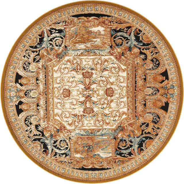 Black Gold Brown 7' 10 x 7' 10 Outdoor Traditional Round Area Rug Weather Resistant for Patio, Deck, Terrace, Balcony, Porch Classical Design Outside Carpet for Sale at Rug Engine