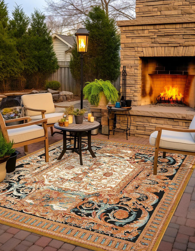 Black Gold Brown 10' x 10' Outdoor Traditional Square Area Rug Weather Resistant for Patio, Deck, Terrace, Balcony, Porch Classical Design Outside Carpet for Sale at Rug Engine