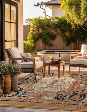 Black Gold Brown 7' 10 x 7' 10 Outdoor Traditional Square Area Rug Weather Resistant for Patio, Deck, Terrace, Balcony, Porch Classical Design Outside Carpet for Sale at Rug Engine