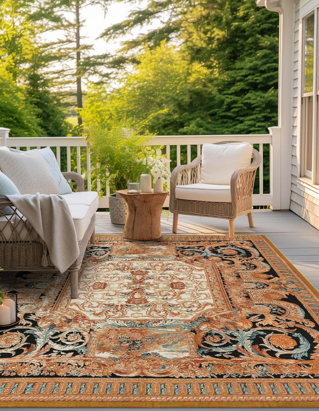 Black Gold Brown 7' 10 x 7' 10 Outdoor Traditional Square Area Rug Weather Resistant for Patio, Deck, Terrace, Balcony, Porch Classical Design Outside Carpet for Sale at Rug Engine
