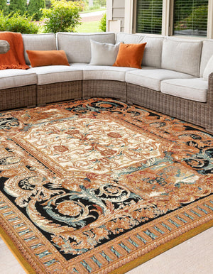 Black Gold Brown 7' 10 x 7' 10 Outdoor Traditional Square Area Rug Weather Resistant for Patio, Deck, Terrace, Balcony, Porch Classical Design Outside Carpet for Sale at Rug Engine