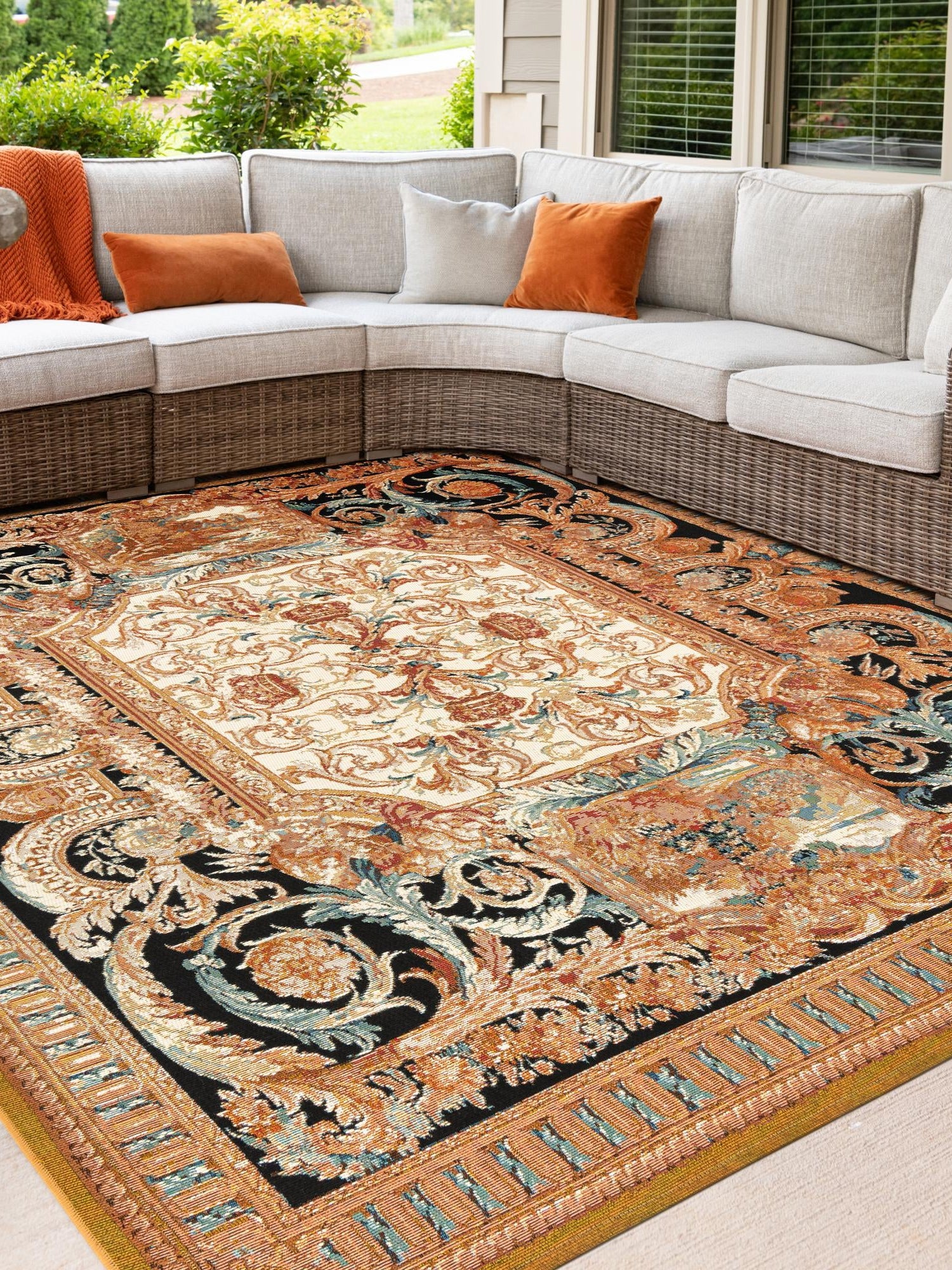 Black Gold Brown 10' x 10' Outdoor Traditional Square Area Rug Weather Resistant for Patio, Deck, Terrace, Balcony, Porch Classical Design Outside Carpet for Sale at Rug Engine