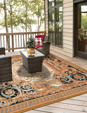 Black Gold Brown 7' 10 x 7' 10 Outdoor Traditional Square Area Rug Weather Resistant for Patio, Deck, Terrace, Balcony, Porch Classical Design Outside Carpet for Sale at Rug Engine