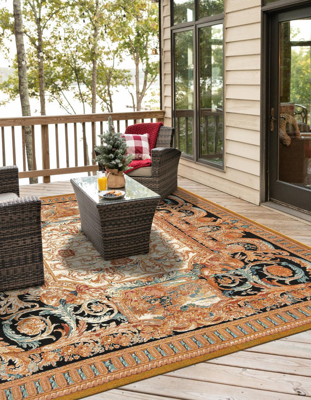 Black Gold Brown 7' 10 x 7' 10 Outdoor Traditional Square Area Rug Weather Resistant for Patio, Deck, Terrace, Balcony, Porch Classical Design Outside Carpet for Sale at Rug Engine