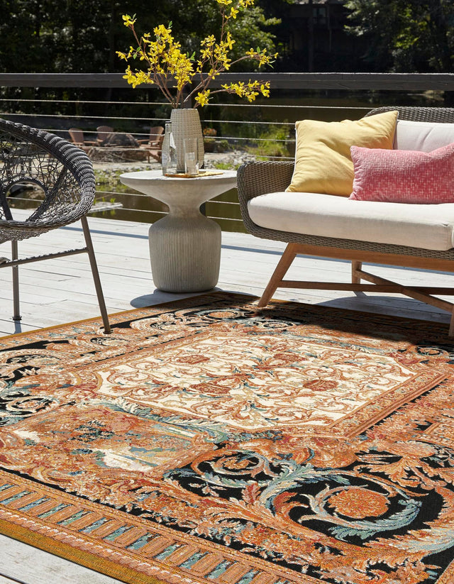 Black Gold Brown 7' 10 x 7' 10 Outdoor Traditional Square Area Rug Weather Resistant for Patio, Deck, Terrace, Balcony, Porch Classical Design Outside Carpet for Sale at Rug Engine
