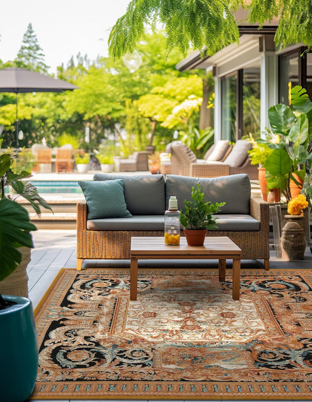 Black Gold Brown 7' 10 x 7' 10 Outdoor Traditional Square Area Rug Weather Resistant for Patio, Deck, Terrace, Balcony, Porch Classical Design Outside Carpet for Sale at Rug Engine