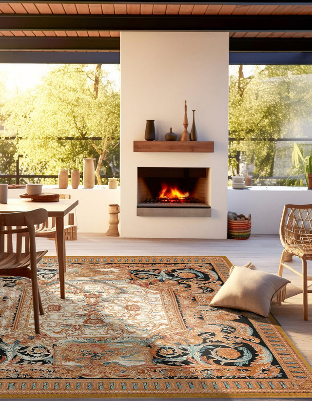 Black Gold Brown 7' 10 x 7' 10 Outdoor Traditional Square Area Rug Weather Resistant for Patio, Deck, Terrace, Balcony, Porch Classical Design Outside Carpet for Sale at Rug Engine