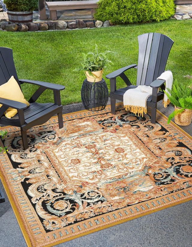 Black Gold Brown 7' 10 x 7' 10 Outdoor Traditional Square Area Rug Weather Resistant for Patio, Deck, Terrace, Balcony, Porch Classical Design Outside Carpet for Sale at Rug Engine