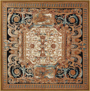 Black Gold Brown 7' 10 x 7' 10 Outdoor Traditional Square Area Rug Weather Resistant for Patio, Deck, Terrace, Balcony, Porch Classical Design Outside Carpet for Sale at Rug Engine