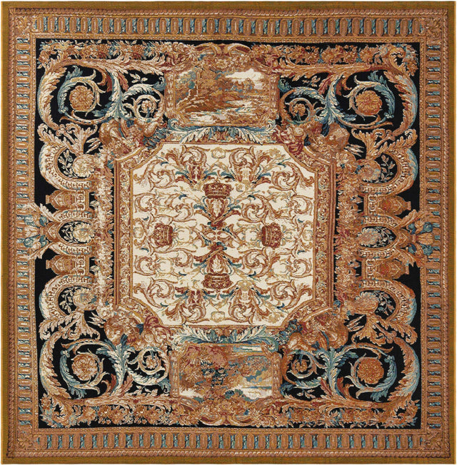 Black Gold Brown 7' 10 x 7' 10 Outdoor Traditional Square Area Rug Weather Resistant for Patio, Deck, Terrace, Balcony, Porch Classical Design Outside Carpet for Sale at Rug Engine