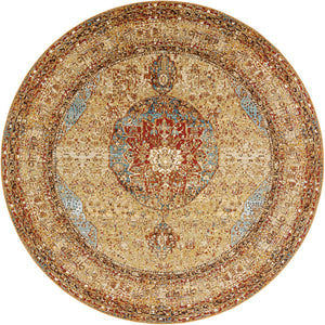 Blue and Light Brown 10' x 10' Outdoor Traditional Round Area Rug Weather Resistant for Patio, Deck, Terrace, Balcony, Porch Classical Design Outside Carpet for Sale at Rug Engine