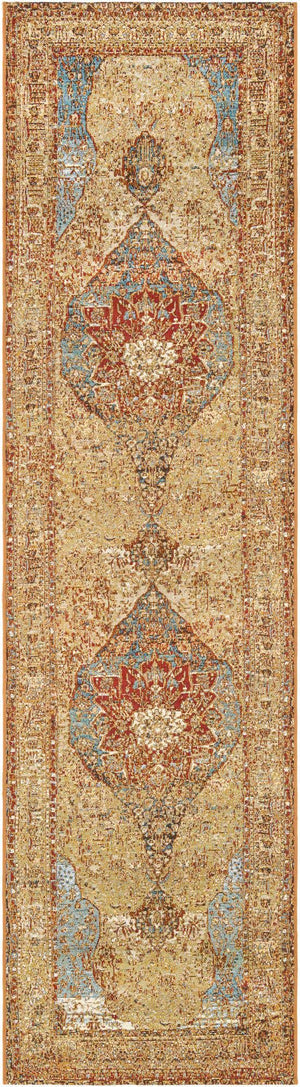 Blue and Light Brown 2' 7 x 10' Outdoor Traditional Runner Area Rug Weather Resistant for Patio, Deck, Terrace, Balcony, Porch Classical Design Outside Carpet for Sale at Rug Engine