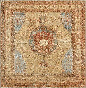 Blue and Light Brown 10' x 10' Outdoor Traditional Square Area Rug Weather Resistant for Patio, Deck, Terrace, Balcony, Porch Classical Design Outside Carpet for Sale at Rug Engine