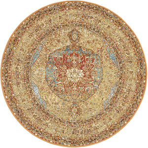 Blue and Light Brown 3' 3 x 3' 3 Outdoor Traditional Round Area Rug Weather Resistant for Patio, Deck, Terrace, Balcony, Porch Classical Design Outside Carpet for Sale at Rug Engine
