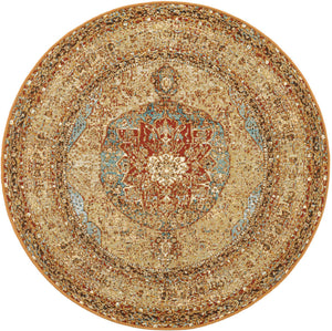 Blue and Light Brown 4' 1 x 4' 1 Outdoor Traditional Round Area Rug Weather Resistant for Patio, Deck, Terrace, Balcony, Porch Classical Design Outside Carpet for Sale at Rug Engine