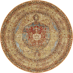 Blue and Light Brown 5' 3 x 5' 3 Outdoor Traditional Round Area Rug Weather Resistant for Patio, Deck, Terrace, Balcony, Porch Classical Design Outside Carpet for Sale at Rug Engine