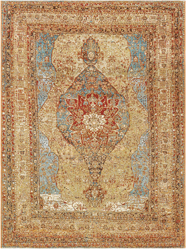 Blue and Light Brown 5' 3 x 7' 1 Outdoor Traditional Rectangle Area Rug Weather Resistant for Patio, Deck, Terrace, Balcony, Porch Classical Design Outside Carpet for Sale at Rug Engine