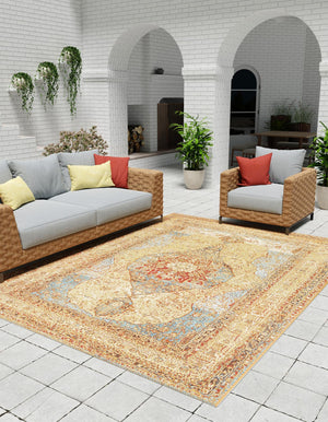 Blue and Light Brown 6' 1 x 9' Outdoor Traditional Rectangle Area Rug Weather Resistant for Patio, Deck, Terrace, Balcony, Porch Classical Design Outside Carpet for Sale at Rug Engine