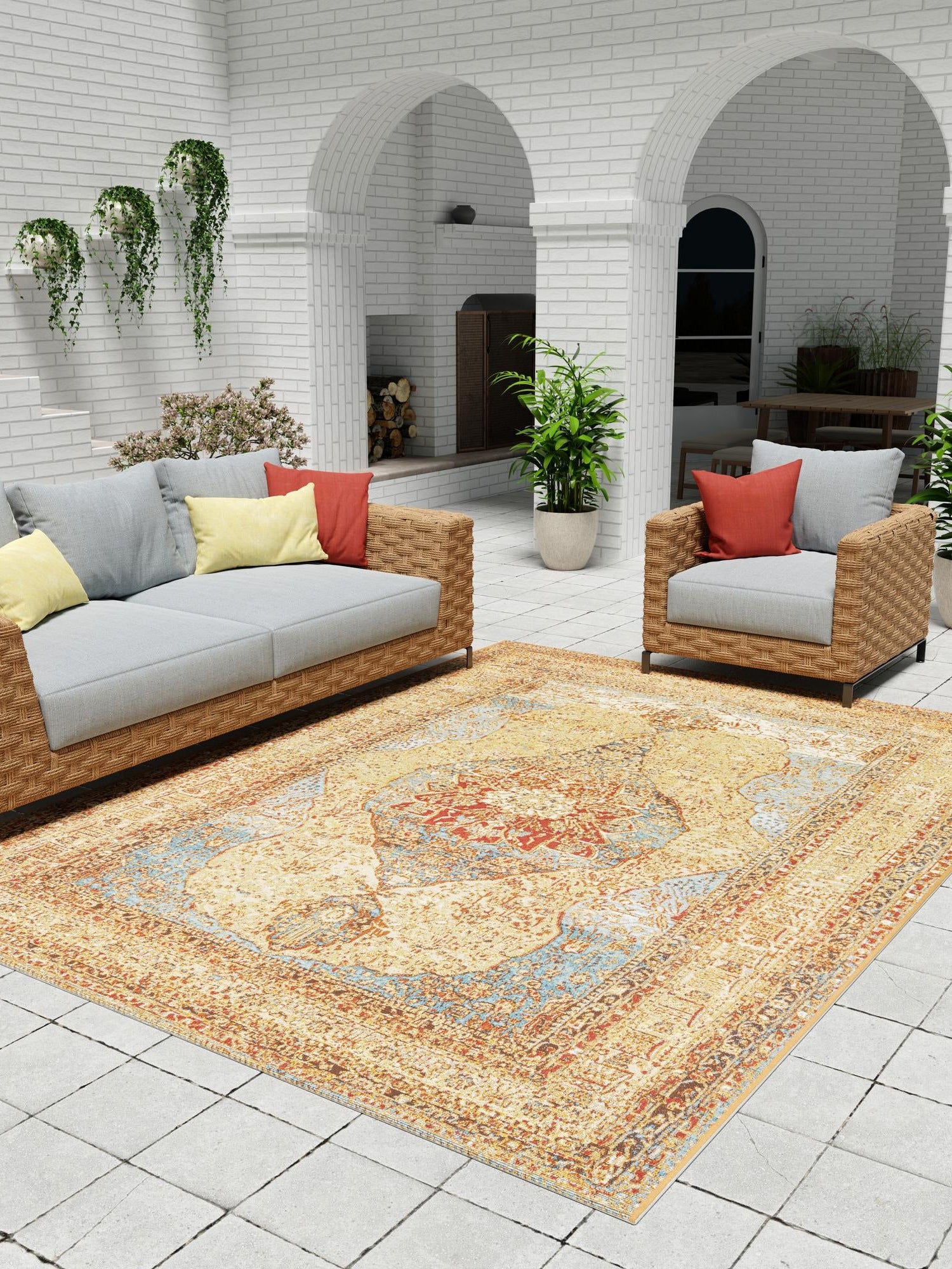 Blue and Light Brown 10' x 14' 1 Outdoor Traditional Rectangle Area Rug Weather Resistant for Patio, Deck, Terrace, Balcony, Porch Classical Design Outside Carpet for Sale at Rug Engine
