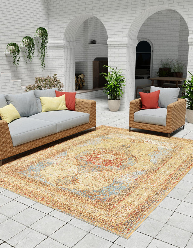 Blue and Light Brown 10' x 14' 1 Outdoor Traditional Rectangle Area Rug Weather Resistant for Patio, Deck, Terrace, Balcony, Porch Classical Design Outside Carpet for Sale at Rug Engine