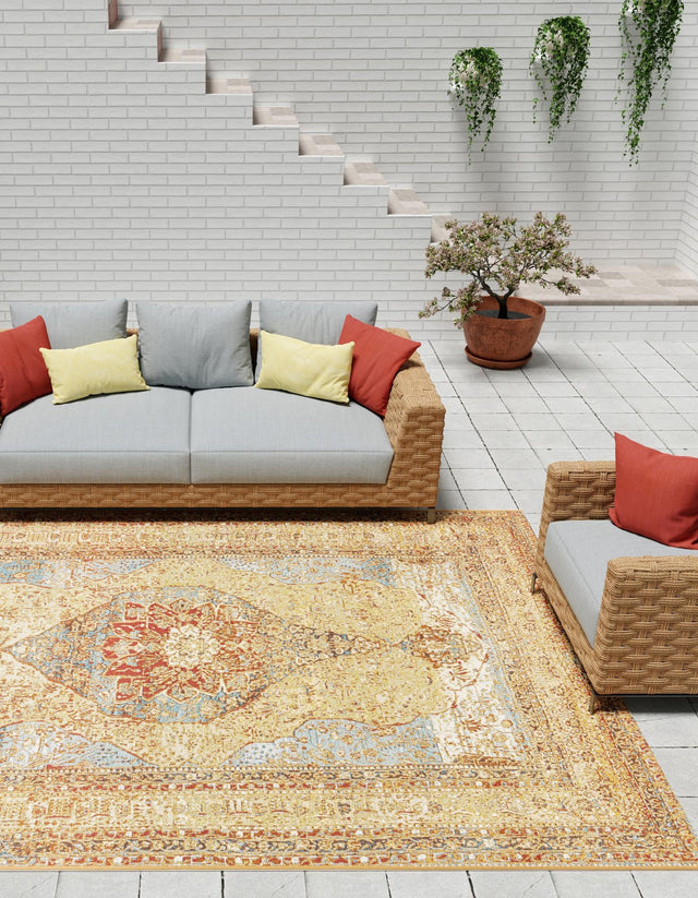 Blue and Light Brown 4' 1 x 6' 1 Outdoor Traditional Rectangle Area Rug Weather Resistant for Patio, Deck, Terrace, Balcony, Porch Classical Design Outside Carpet for Sale at Rug Engine