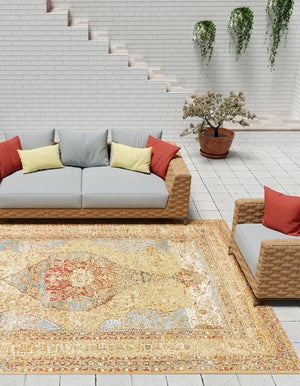 Blue and Light Brown 6' 1 x 9' Outdoor Traditional Rectangle Area Rug Weather Resistant for Patio, Deck, Terrace, Balcony, Porch Classical Design Outside Carpet for Sale at Rug Engine