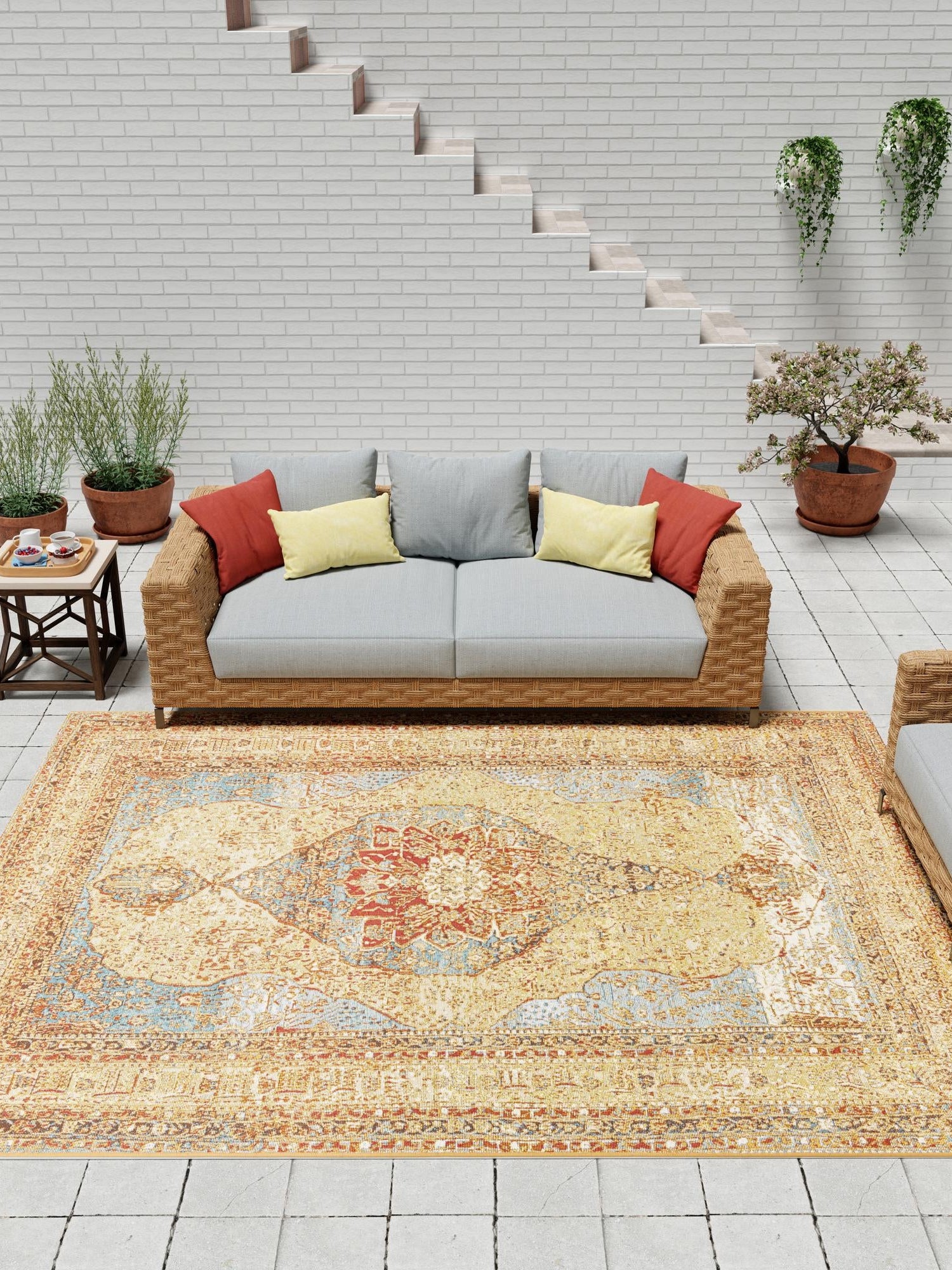 Blue and Light Brown 2' x 3' 1 Outdoor Traditional Rectangle Area Rug Weather Resistant for Patio, Deck, Terrace, Balcony, Porch Classical Design Outside Carpet for Sale at Rug Engine