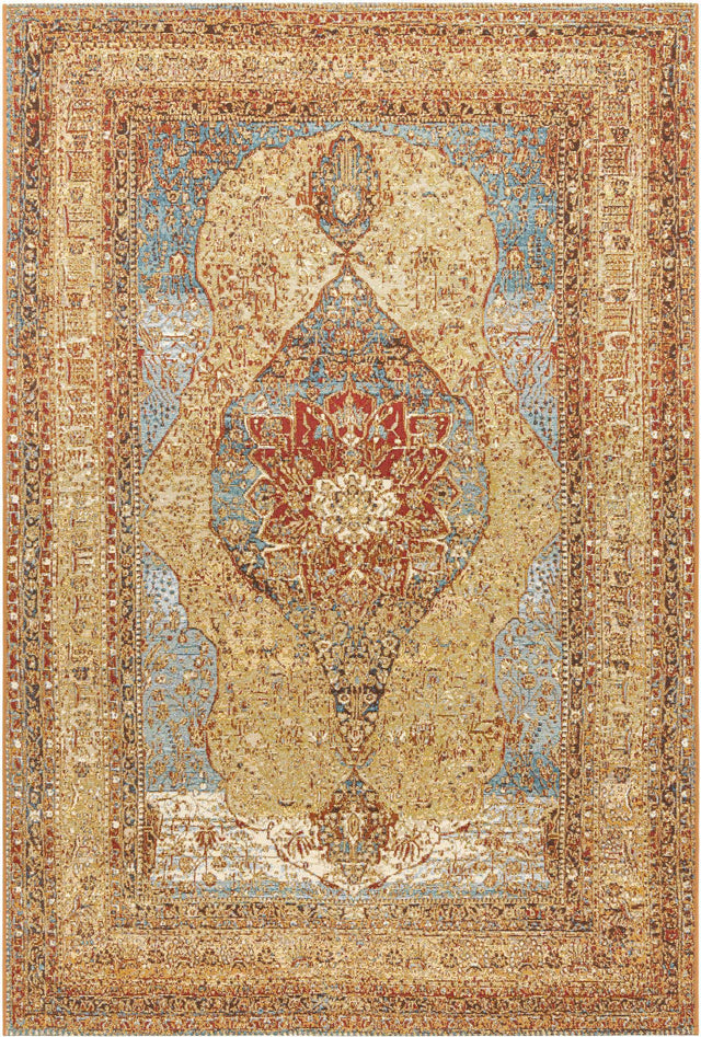 Blue and Light Brown 5' 3 x 8' Outdoor Traditional Rectangle Area Rug Weather Resistant for Patio, Deck, Terrace, Balcony, Porch Classical Design Outside Carpet for Sale at Rug Engine
