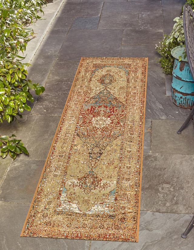 Blue and Light Brown 2' 7 x 10' Outdoor Traditional Runner Area Rug Weather Resistant for Patio, Deck, Terrace, Balcony, Porch Classical Design Outside Carpet for Sale at Rug Engine
