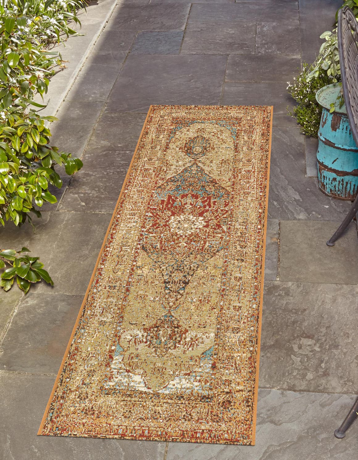 Blue and Light Brown 2' 7 x 12' Outdoor Traditional Runner Area Rug Weather Resistant for Patio, Deck, Terrace, Balcony, Porch Classical Design Outside Carpet for Sale at Rug Engine