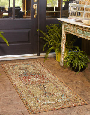 Blue and Light Brown 2' 7 x 12' Outdoor Traditional Runner Area Rug Weather Resistant for Patio, Deck, Terrace, Balcony, Porch Classical Design Outside Carpet for Sale at Rug Engine