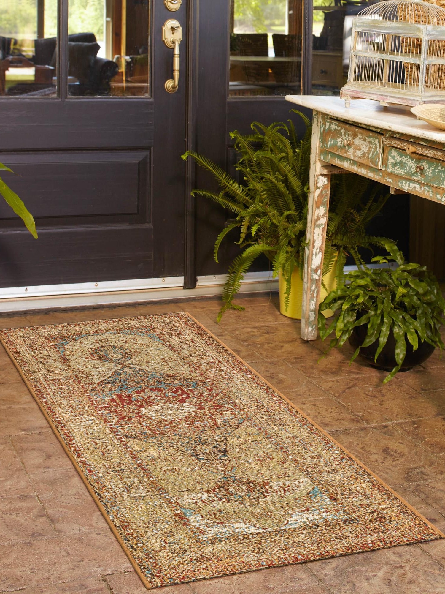 Blue and Light Brown 2' 7 x 10' Outdoor Traditional Runner Area Rug Weather Resistant for Patio, Deck, Terrace, Balcony, Porch Classical Design Outside Carpet for Sale at Rug Engine