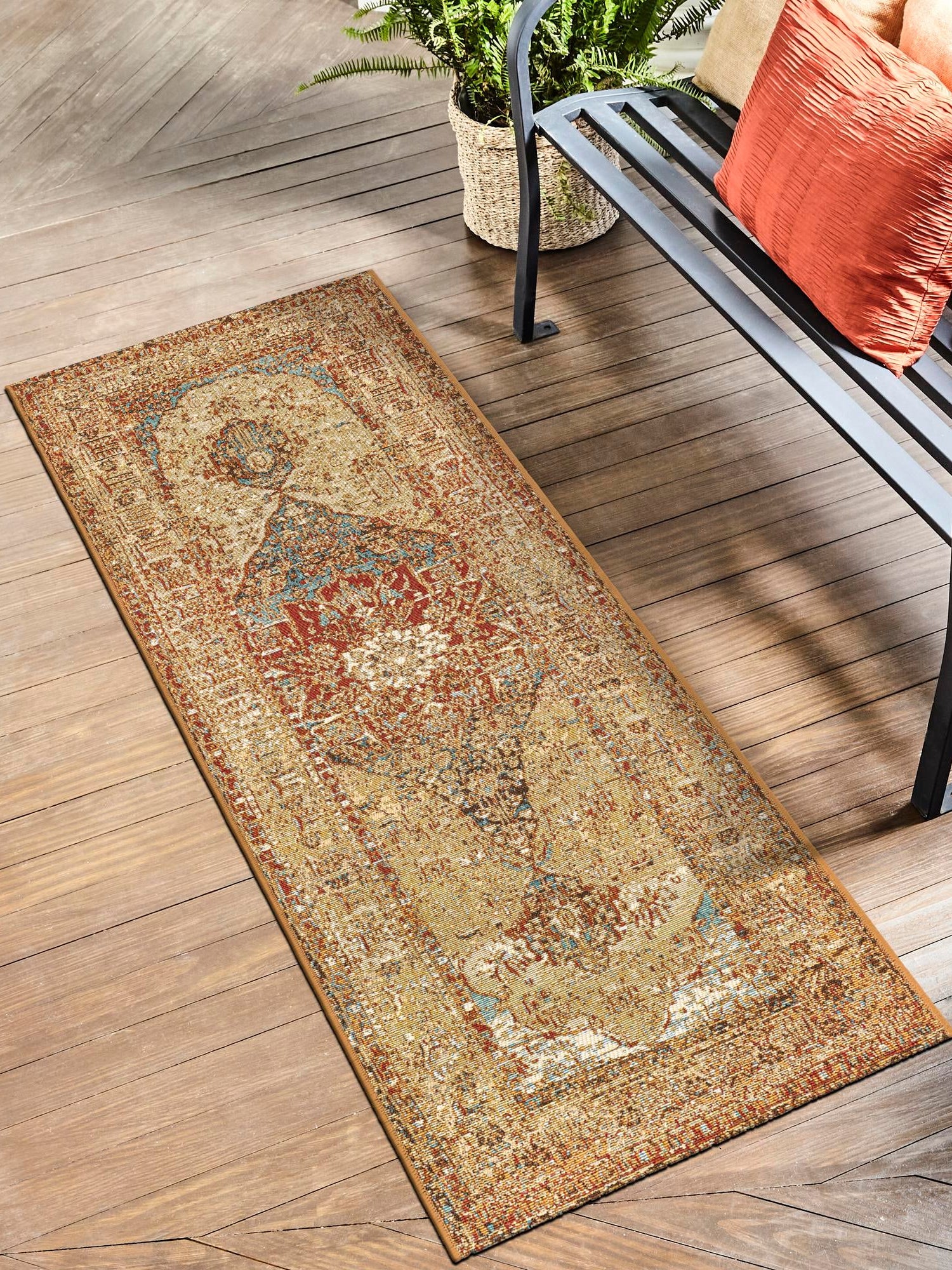 Blue and Light Brown 2' x 5' 1 Outdoor Traditional Runner Area Rug Weather Resistant for Patio, Deck, Terrace, Balcony, Porch Classical Design Outside Carpet for Sale at Rug Engine