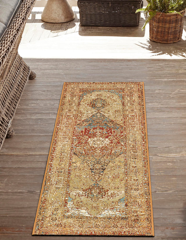 Blue and Light Brown 2' 7 x 12' Outdoor Traditional Runner Area Rug Weather Resistant for Patio, Deck, Terrace, Balcony, Porch Classical Design Outside Carpet for Sale at Rug Engine
