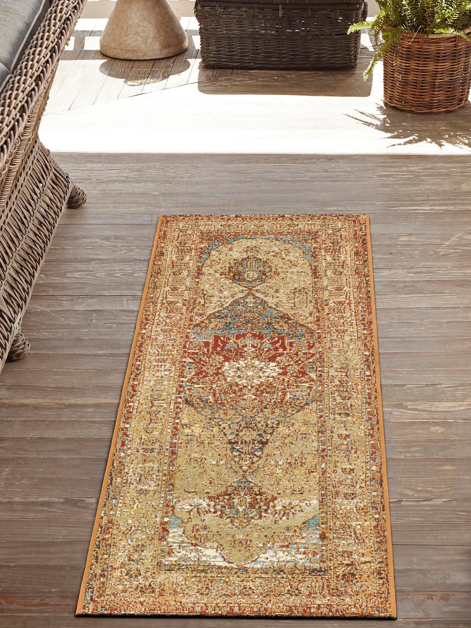 Blue and Light Brown 2' 7 x 10' Outdoor Traditional Runner Area Rug Weather Resistant for Patio, Deck, Terrace, Balcony, Porch Classical Design Outside Carpet for Sale at Rug Engine