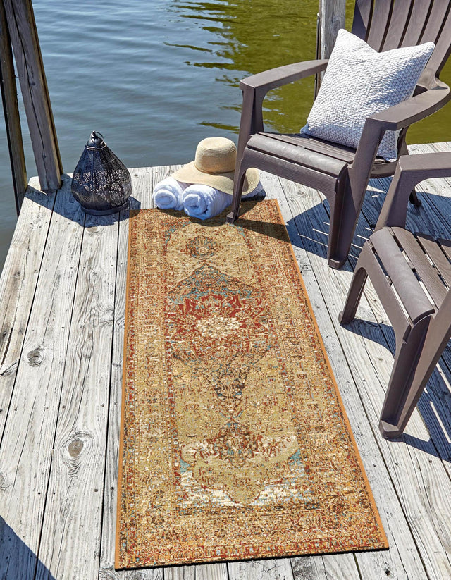 Blue and Light Brown 2' 7 x 12' Outdoor Traditional Runner Area Rug Weather Resistant for Patio, Deck, Terrace, Balcony, Porch Classical Design Outside Carpet for Sale at Rug Engine