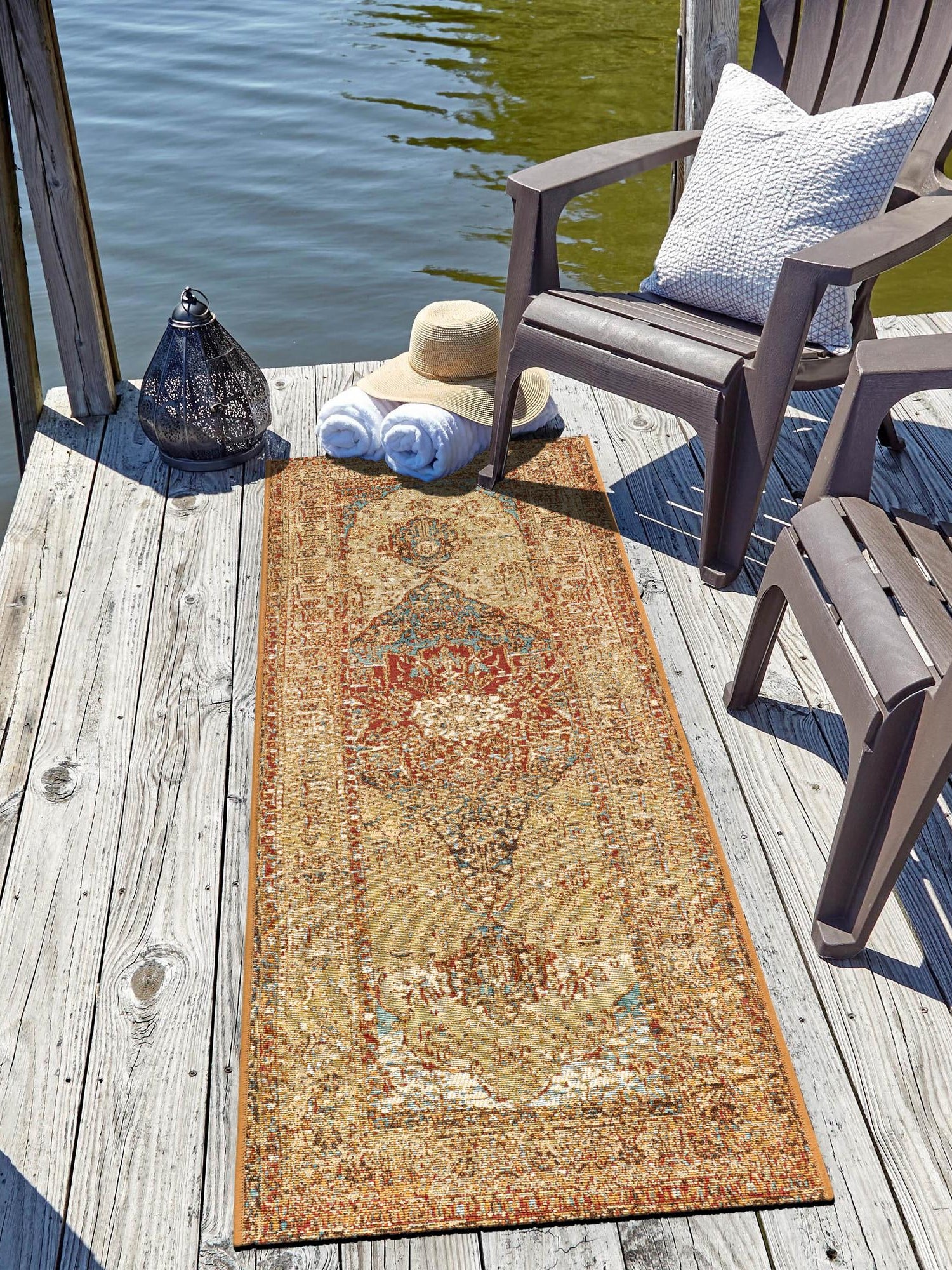 Blue and Light Brown 2' 7 x 10' Outdoor Traditional Runner Area Rug Weather Resistant for Patio, Deck, Terrace, Balcony, Porch Classical Design Outside Carpet for Sale at Rug Engine