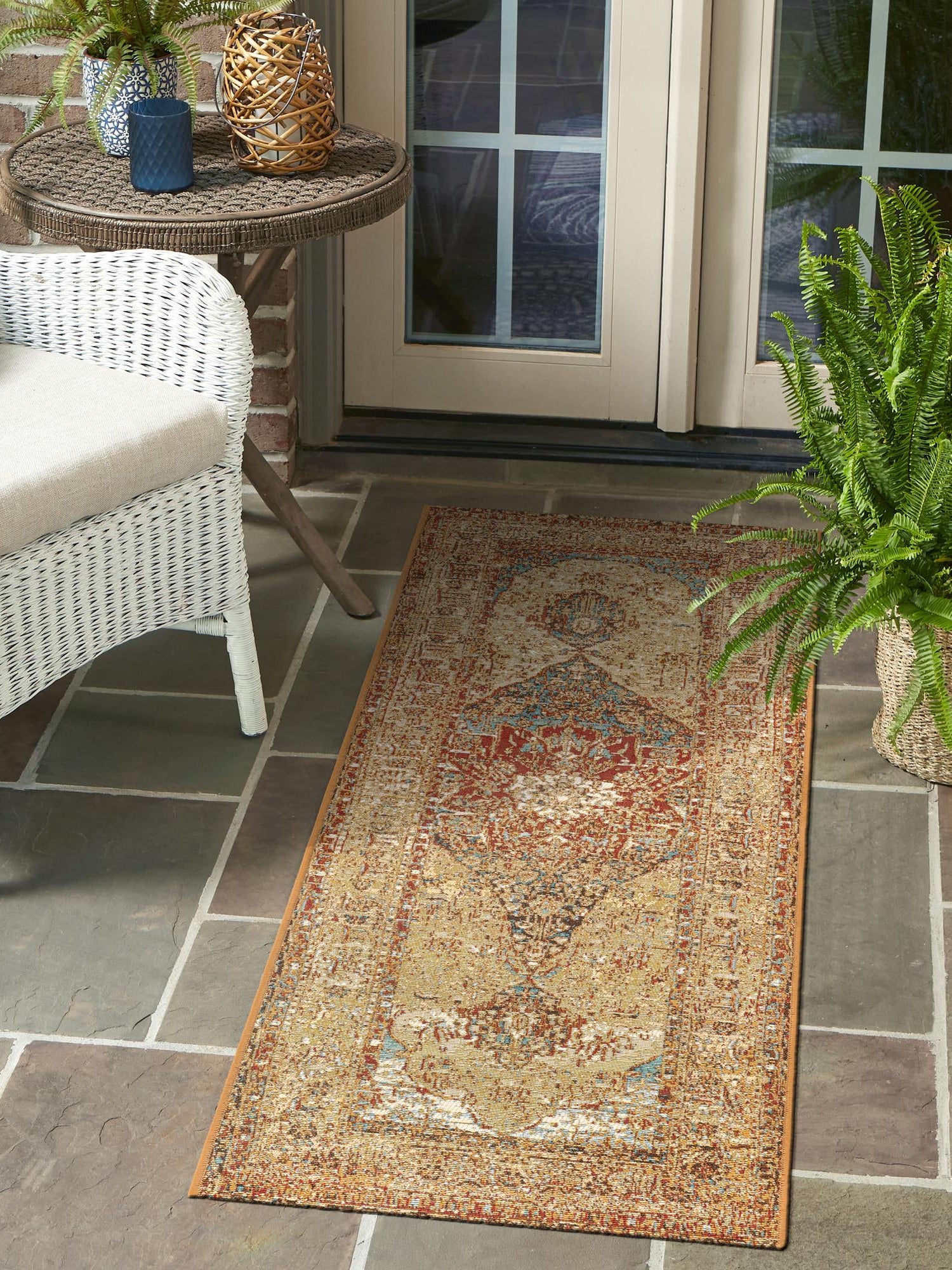Blue and Light Brown 2' x 8' Outdoor Traditional Runner Area Rug Weather Resistant for Patio, Deck, Terrace, Balcony, Porch Classical Design Outside Carpet for Sale at Rug Engine