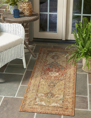 Blue and Light Brown 2' 7 x 10' Outdoor Traditional Runner Area Rug Weather Resistant for Patio, Deck, Terrace, Balcony, Porch Classical Design Outside Carpet for Sale at Rug Engine