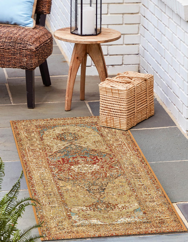 Blue and Light Brown 2' x 5' 1 Outdoor Traditional Runner Area Rug Weather Resistant for Patio, Deck, Terrace, Balcony, Porch Classical Design Outside Carpet for Sale at Rug Engine