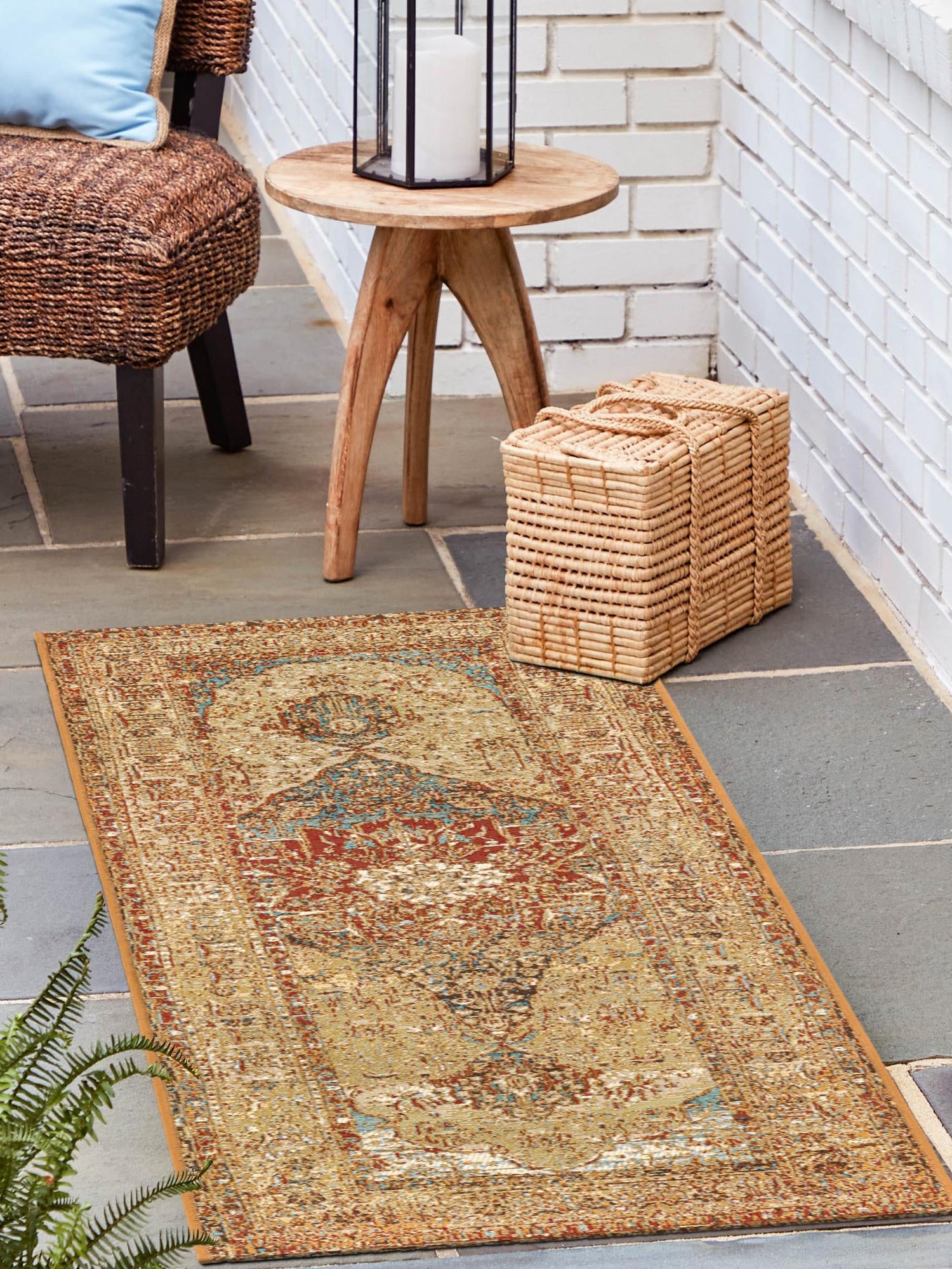 Blue and Light Brown 2' 7 x 10' Outdoor Traditional Runner Area Rug Weather Resistant for Patio, Deck, Terrace, Balcony, Porch Classical Design Outside Carpet for Sale at Rug Engine