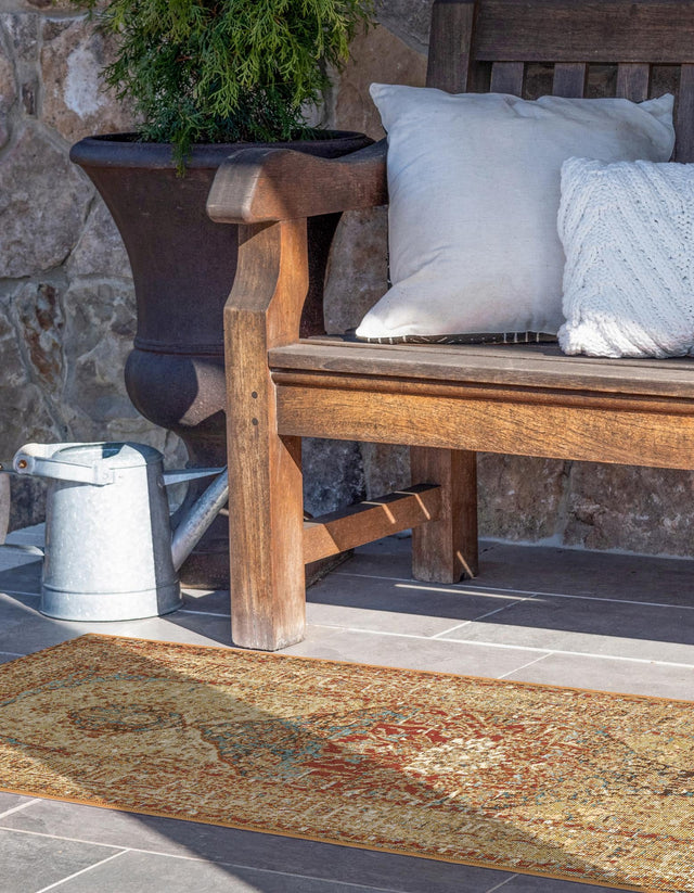 Blue and Light Brown 2' 7 x 10' Outdoor Traditional Runner Area Rug Weather Resistant for Patio, Deck, Terrace, Balcony, Porch Classical Design Outside Carpet for Sale at Rug Engine