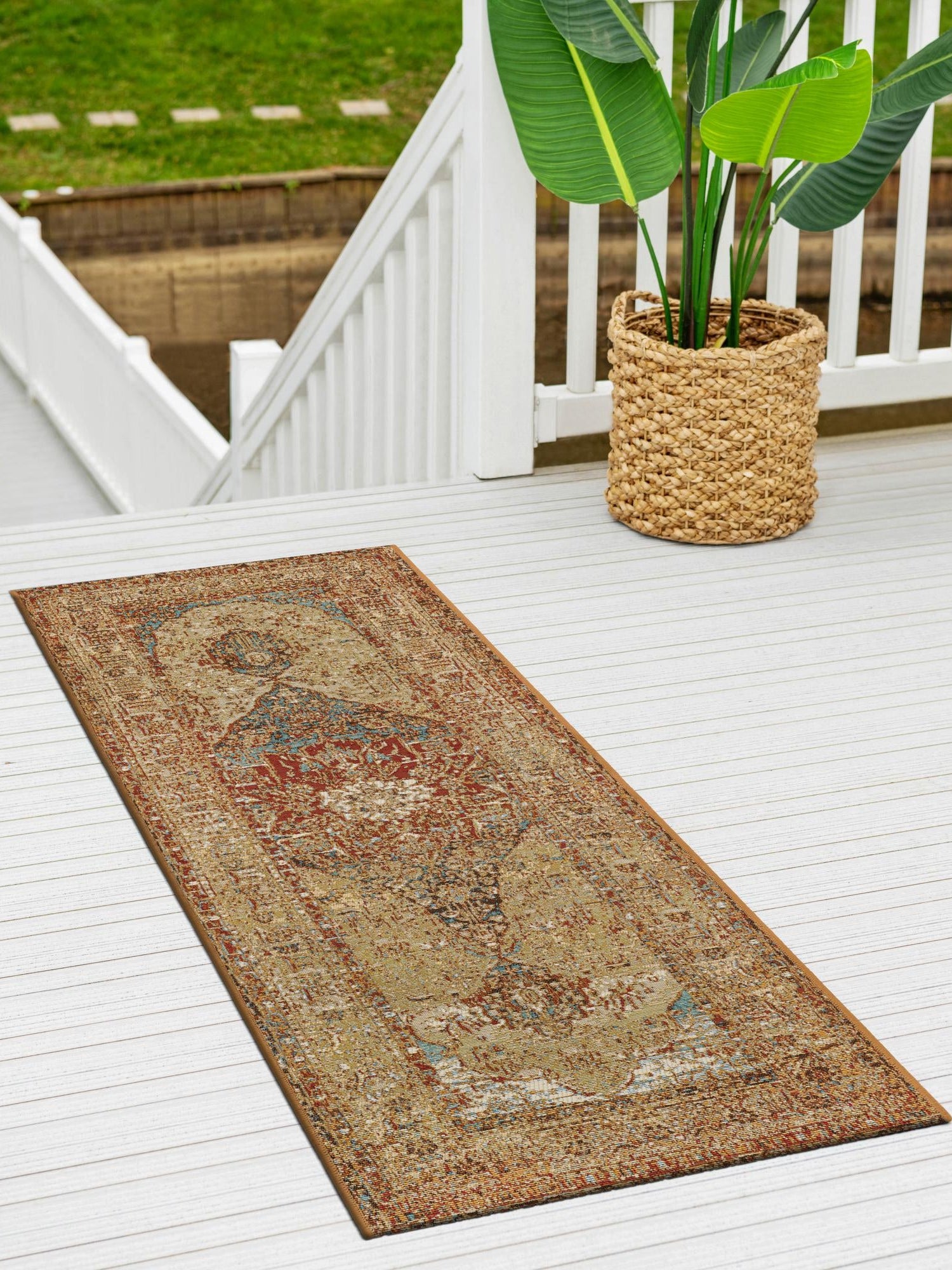 Blue and Light Brown 2' 7 x 10' Outdoor Traditional Runner Area Rug Weather Resistant for Patio, Deck, Terrace, Balcony, Porch Classical Design Outside Carpet for Sale at Rug Engine
